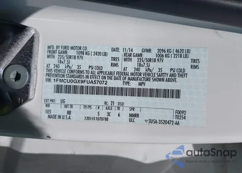 2015 Ford Escape Se from USA, damaged, VIN 1FMCU0GX9FUA57072